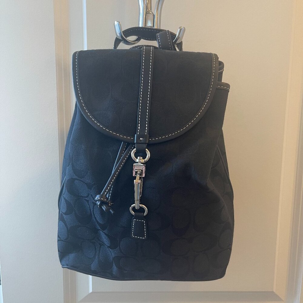 Coach Backpack Signature Jacquard/Black Leather Trim